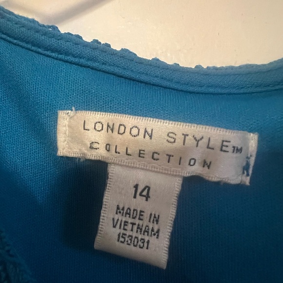 London Style Collection Turquoise circle Lace Overlay Sleeveless Dress sz14 - Picture 5 of 16